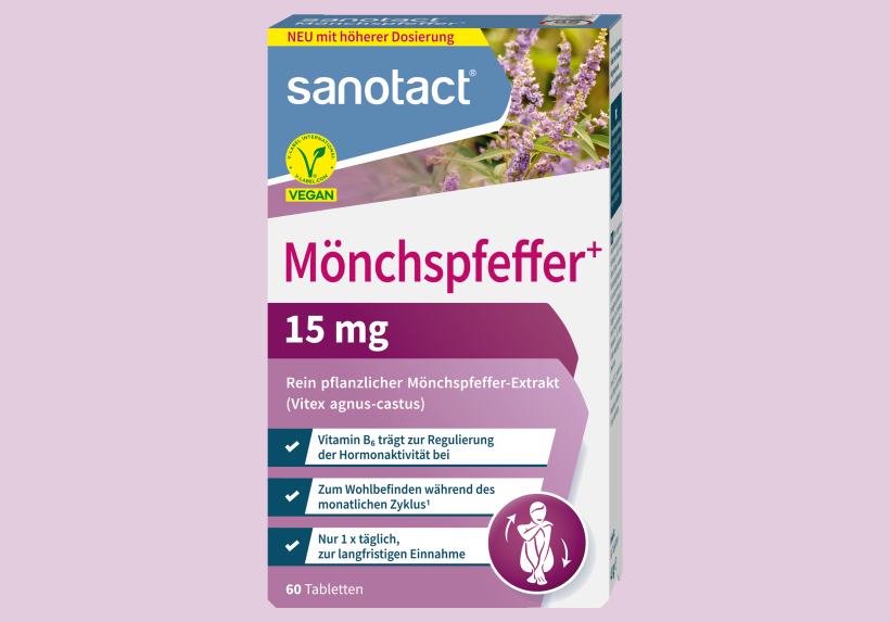 Von Ernährungswissenschaftlern in Münster für dich entwickelt und hergestellt -  sanotact® Mönchspfeffer⁺. Jetzt neu: mit 15 mg Mönchspfeffer-Extrakt