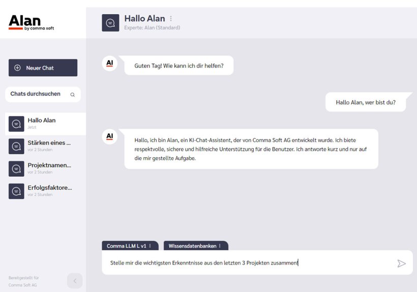 Nutzeroberfläche von Alan, individuell anpassbar an gewünschte Unternehmensdesigns