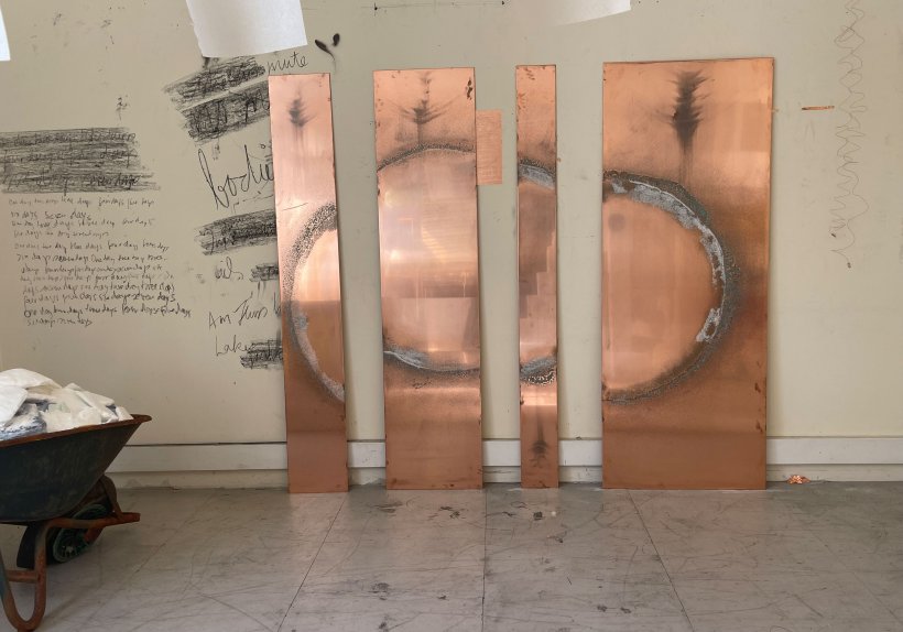 I AM THE YOU (components to a telepathic machine) Kupfer, Salz Kupferdraht, 176 x 176 cm, 2022 I AM THE YOU (components to a telepathic machine) Kupfer, Salz Kupferdraht, 176 x 176 cm, 2022