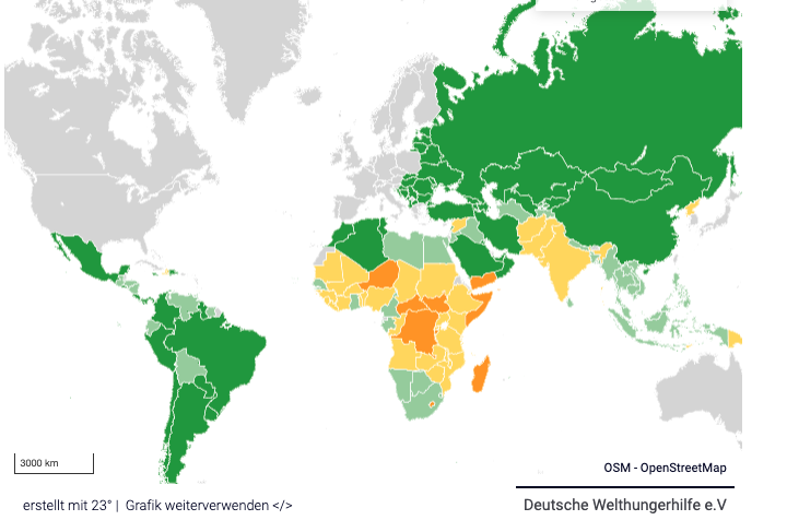 Welthunger-Index 2023 nach Schweregrad (Gelb/Rot = ernst)   Quelle: Welthungerhilfe