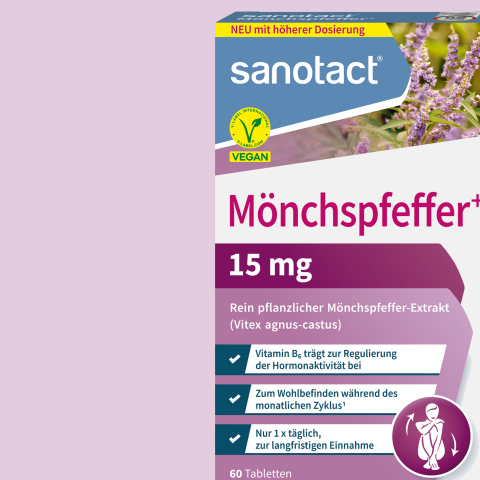 Von Ernährungswissenschaftlern in Münster für dich entwickelt und hergestellt -  sanotact® Mönchspfeffer⁺. Jetzt neu: mit 15 mg Mönchspfeffer-Extrakt