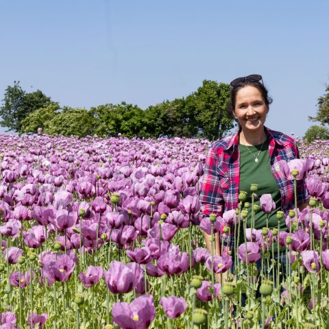Mitten im Blaumohn-Feld: Naturland Bäuerin Bernadette Lex.